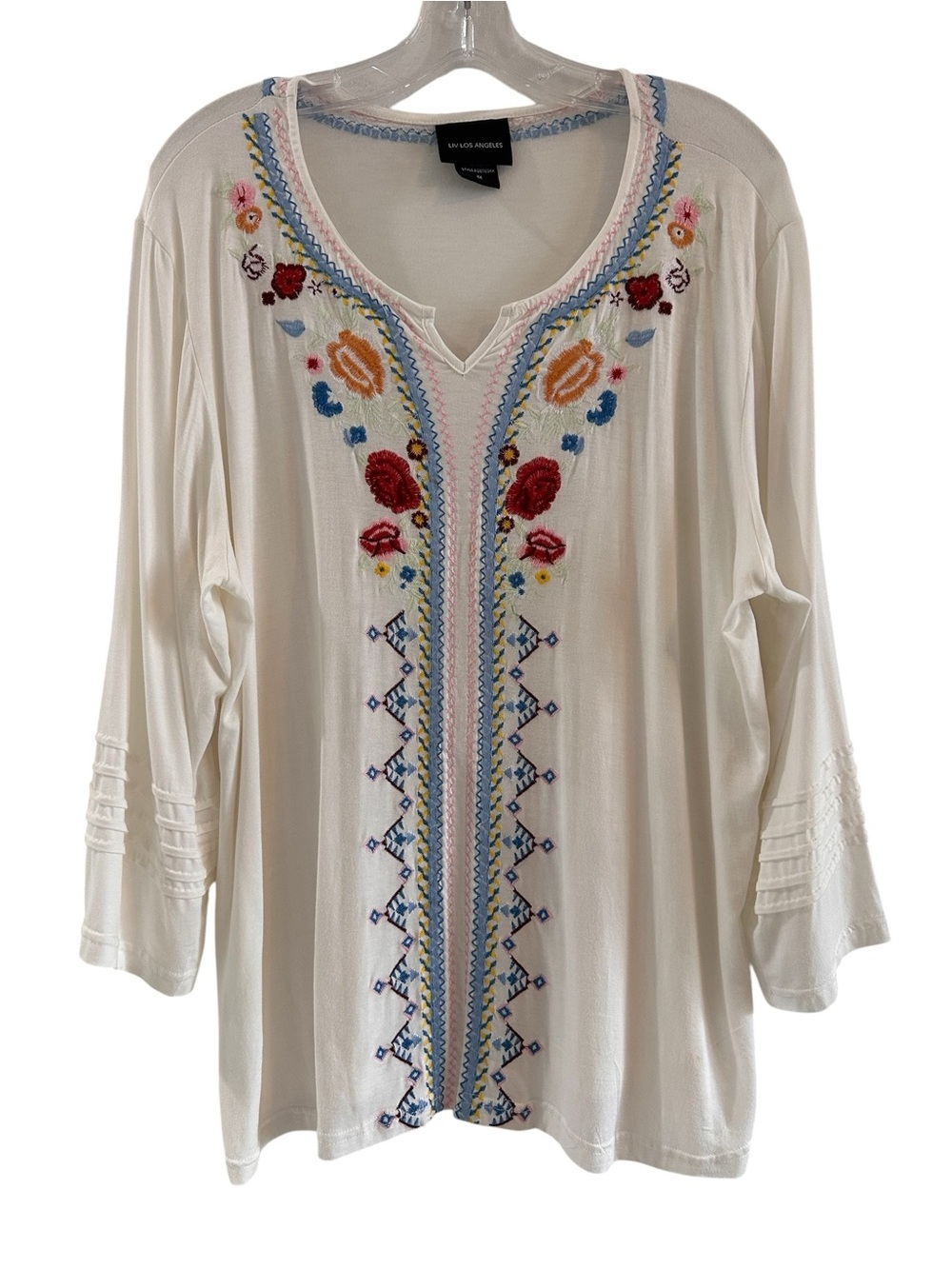 LIV Los Angeles White Embroidered V-Neck Tunic with Pintuck Sleeve Detail, 1X - Picture 2 of 13